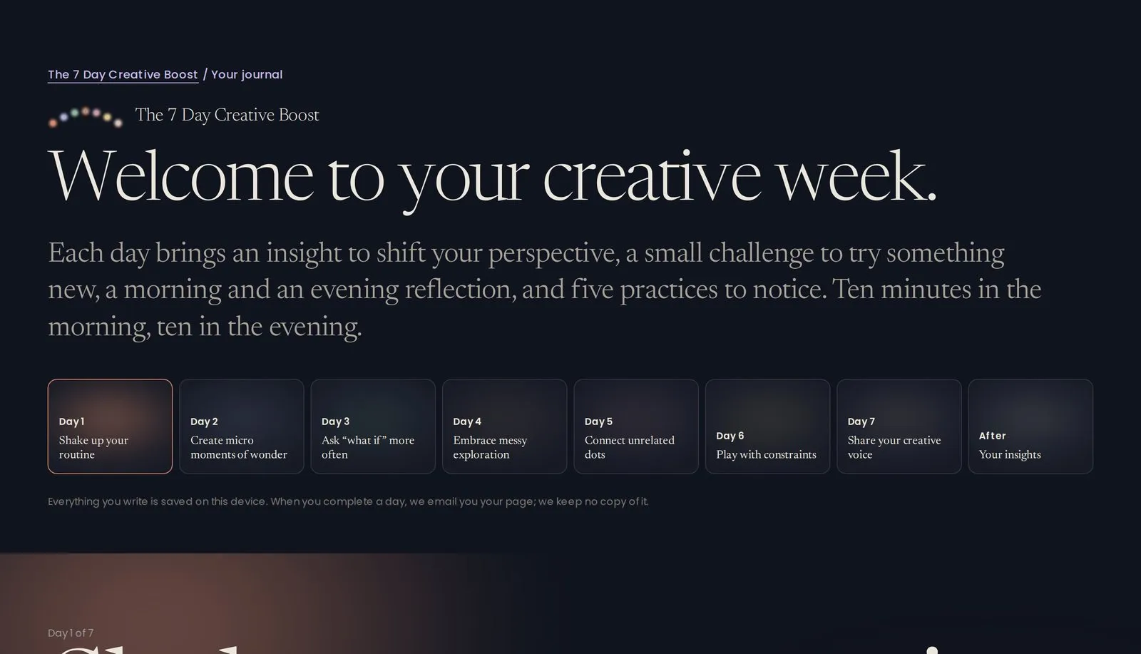 The online journal: seven days, each a card, with a morning and an evening reflection.
