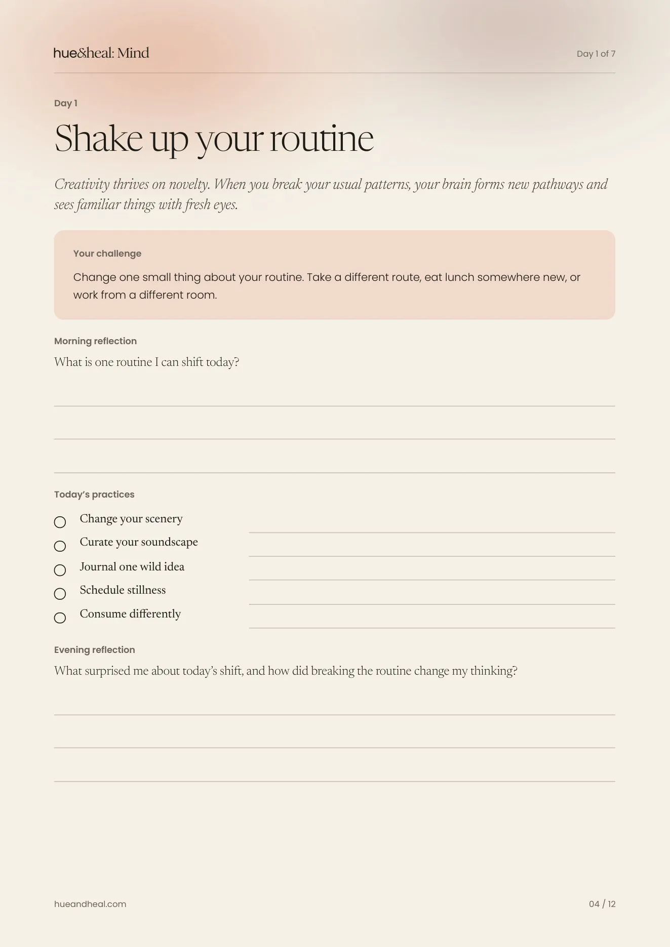 Day one of the printable journal: an insight, a challenge, five practices and space to write morning and evening.