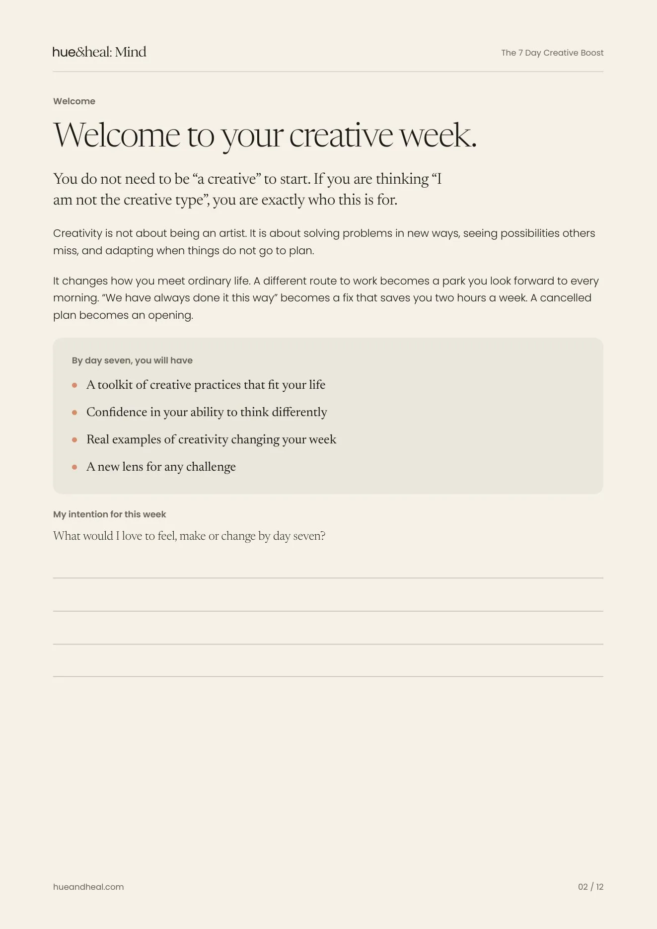 The welcome page of the printable journal.