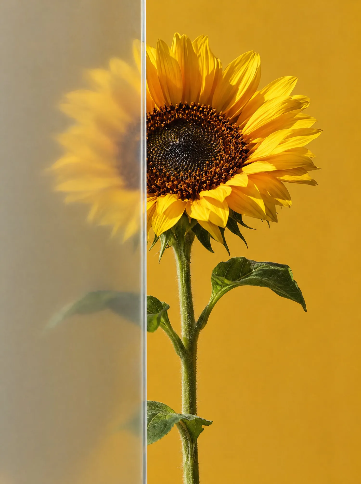 A young sunflower, half behind clear glass on an ochre wall.