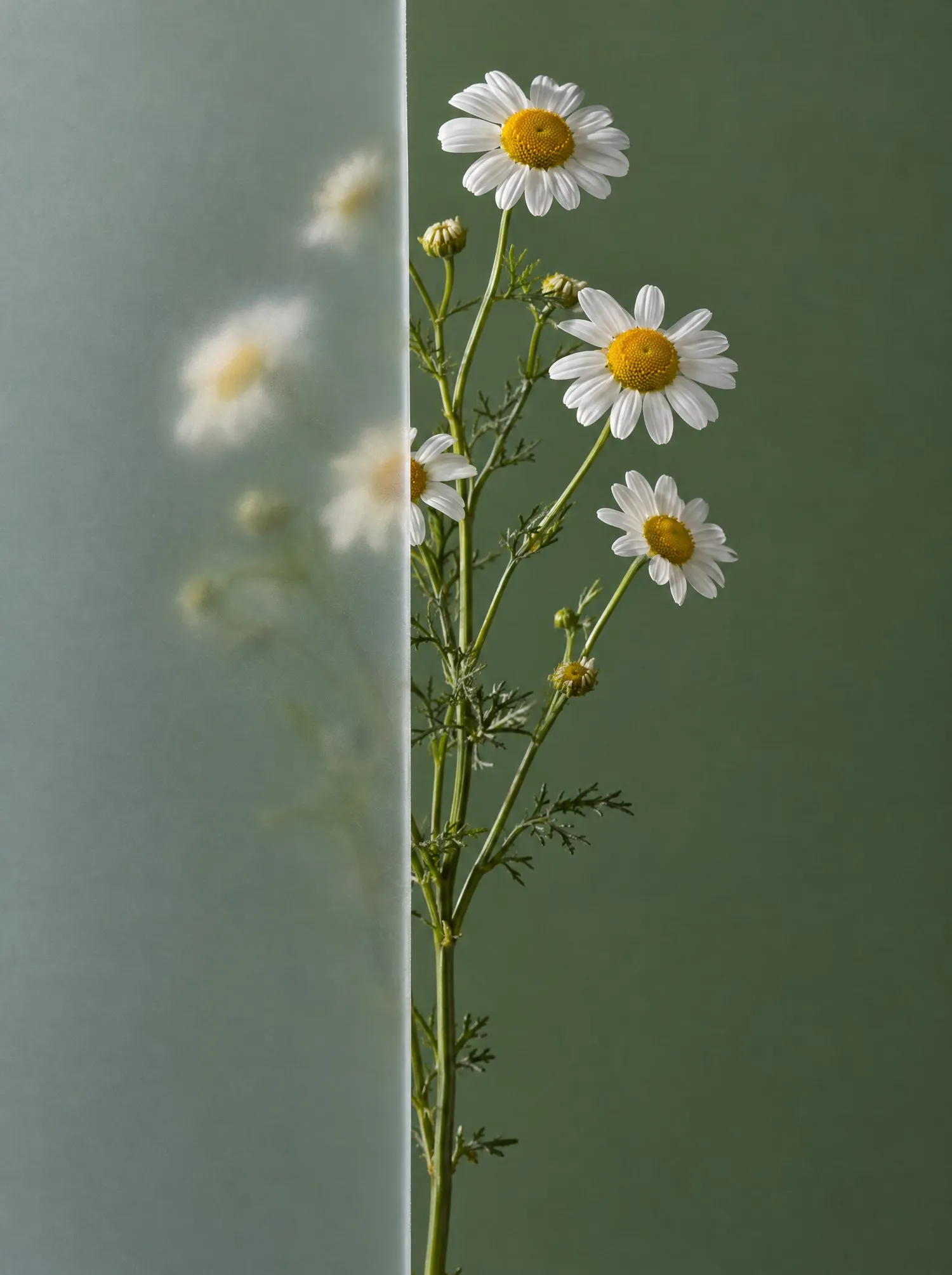 A sprig of chamomile, half behind frosted glass on a sage wall.