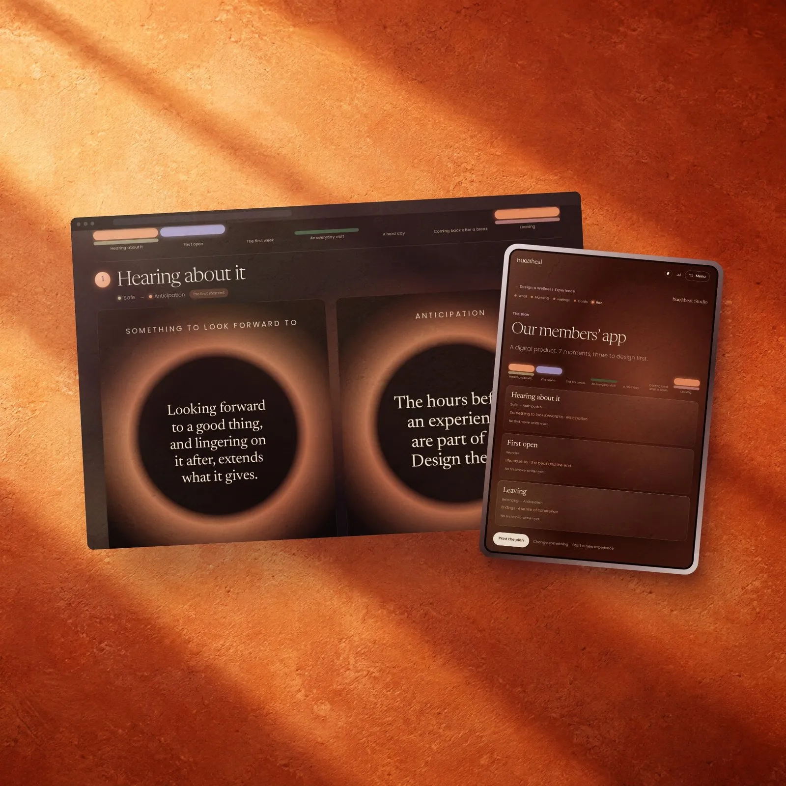 The cards on a desktop screen and the plan on a tablet.