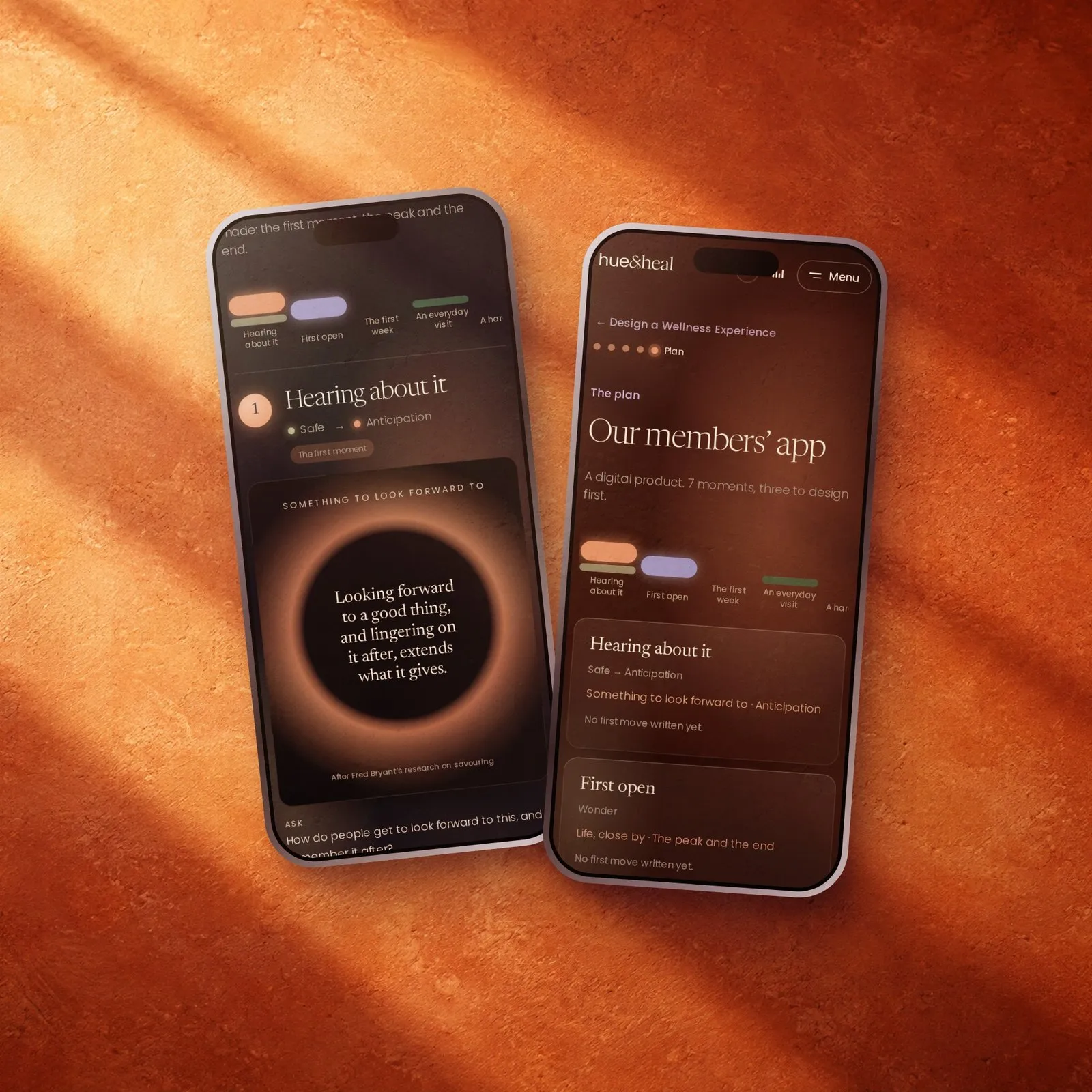 Design a Wellness Experience on two phones: the cards dealt for a moment, and the plan.