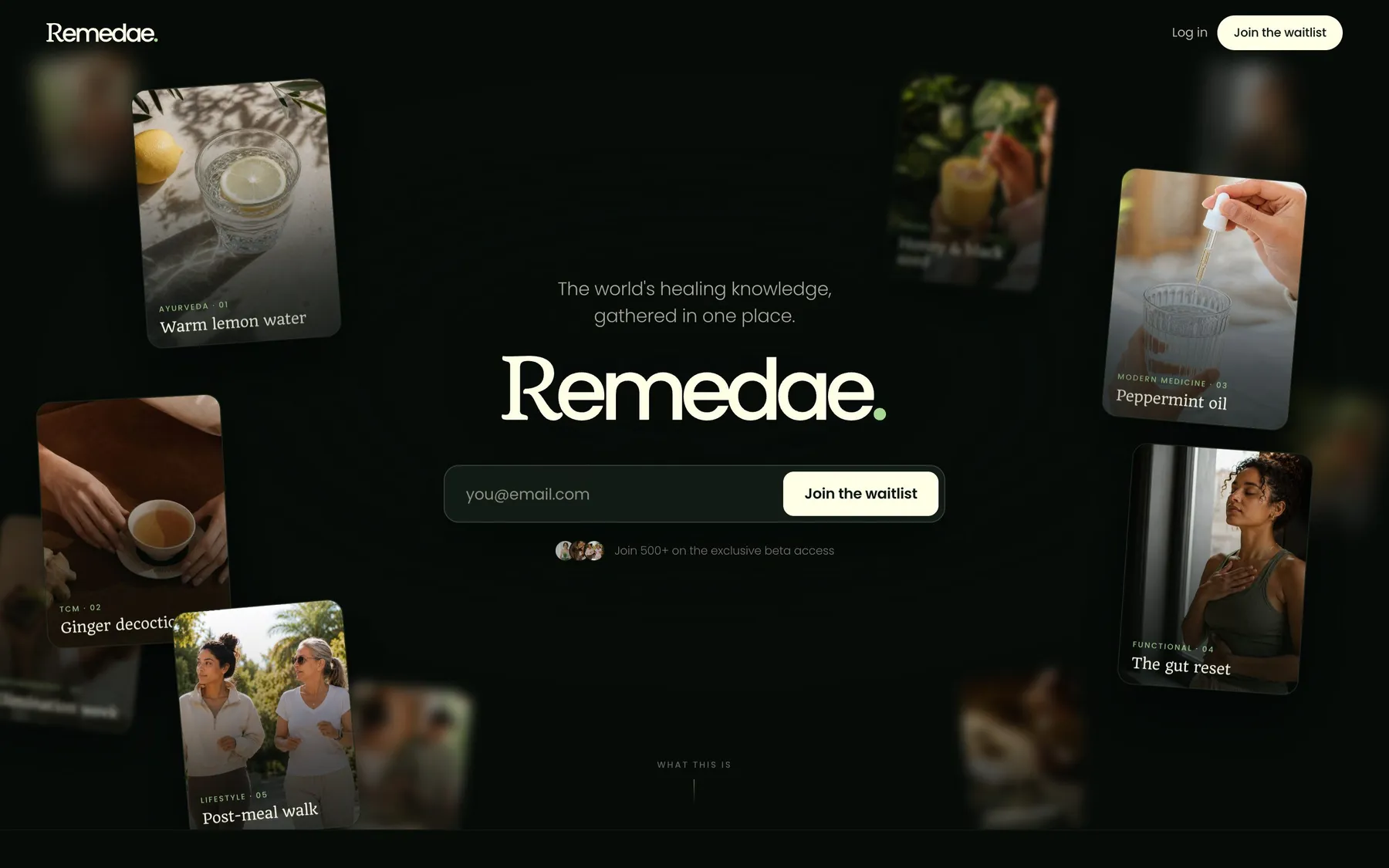 The Remedae home page, a dark library with remedy cards floating around the wordmark.