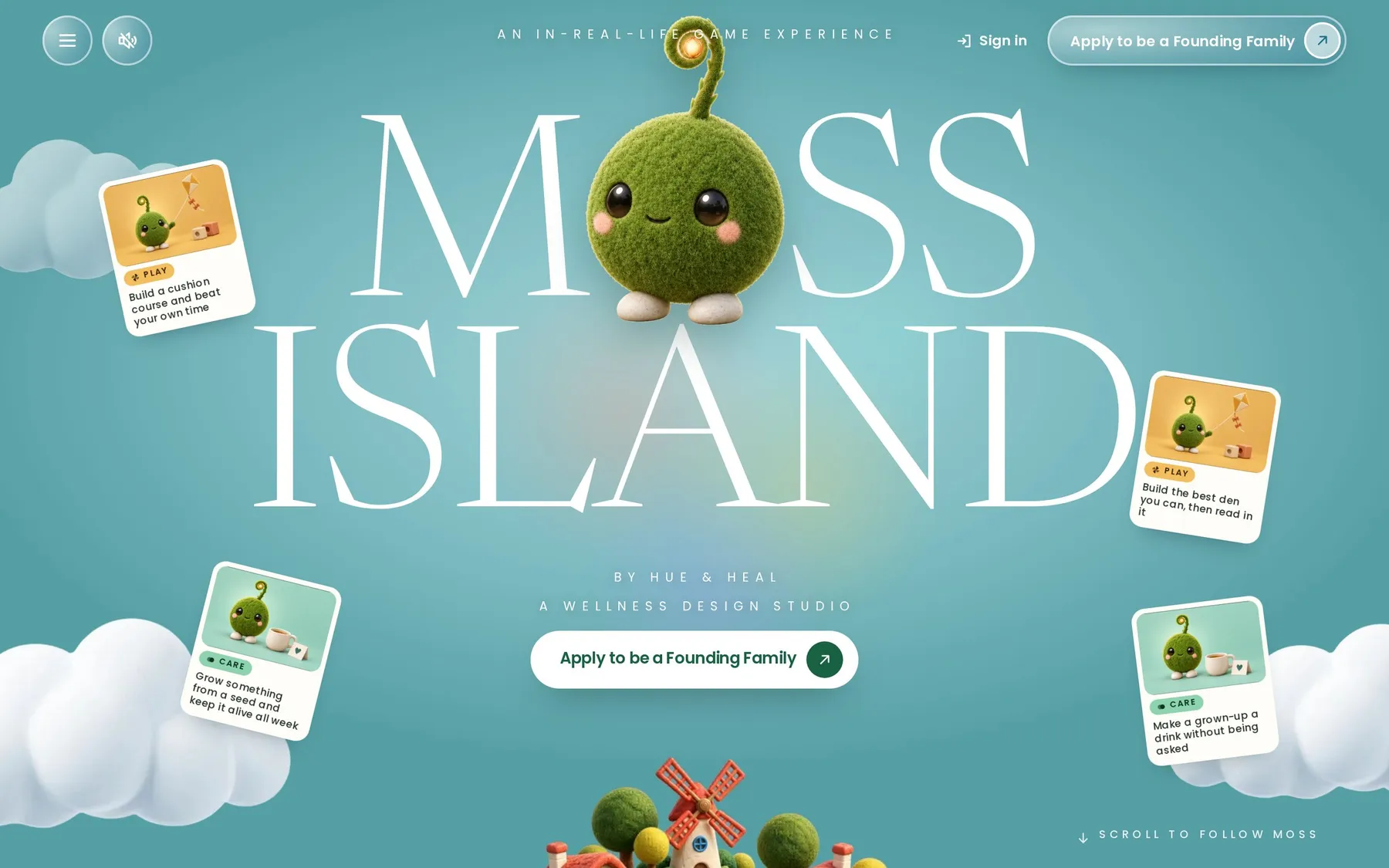 The Moss Island home page, with Moss, the game's guide, sitting in the title above a sky of clouds and quest cards.