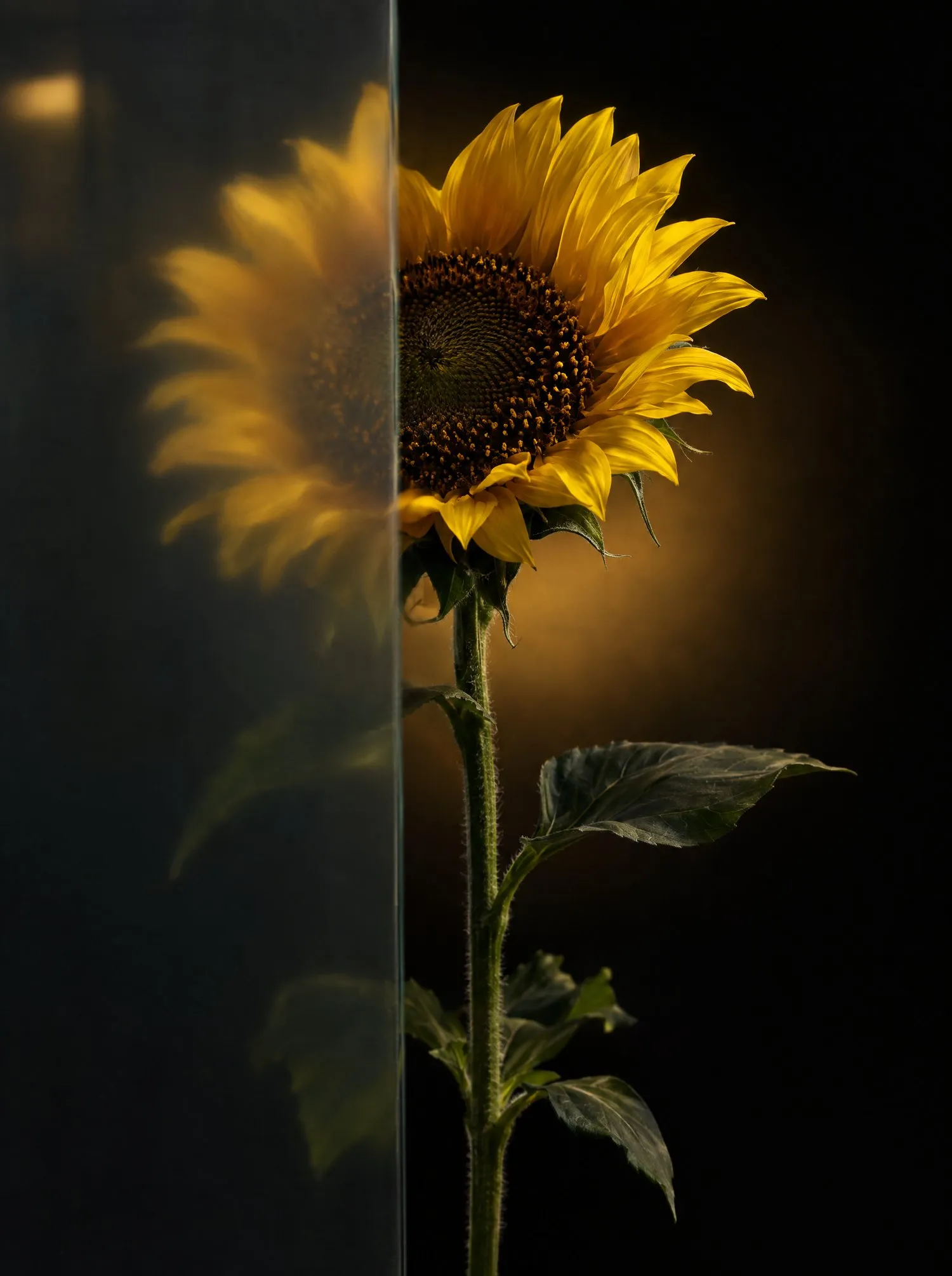A young sunflower, half behind clear glass.