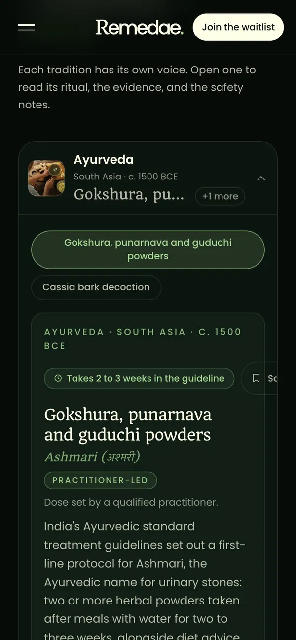 A remedy card on mobile, showing its tradition, origin and the guidance behind it.