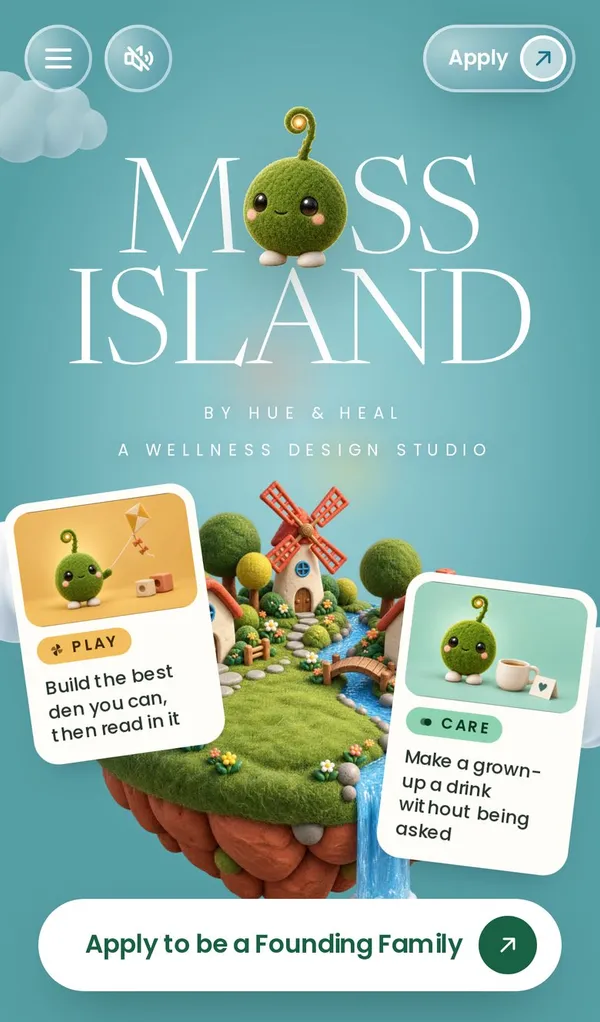 Moss Island on a phone, with quest cards for play and care.