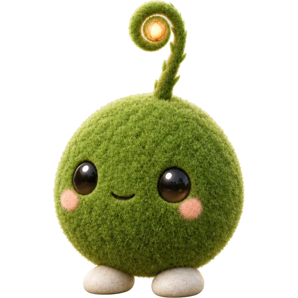 Moss, a small round moss creature with a glowing fern curl.