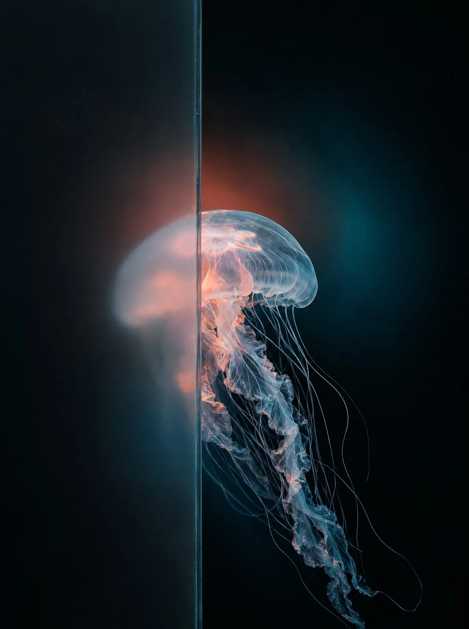 A moon jellyfish drifting, half behind clear glass.