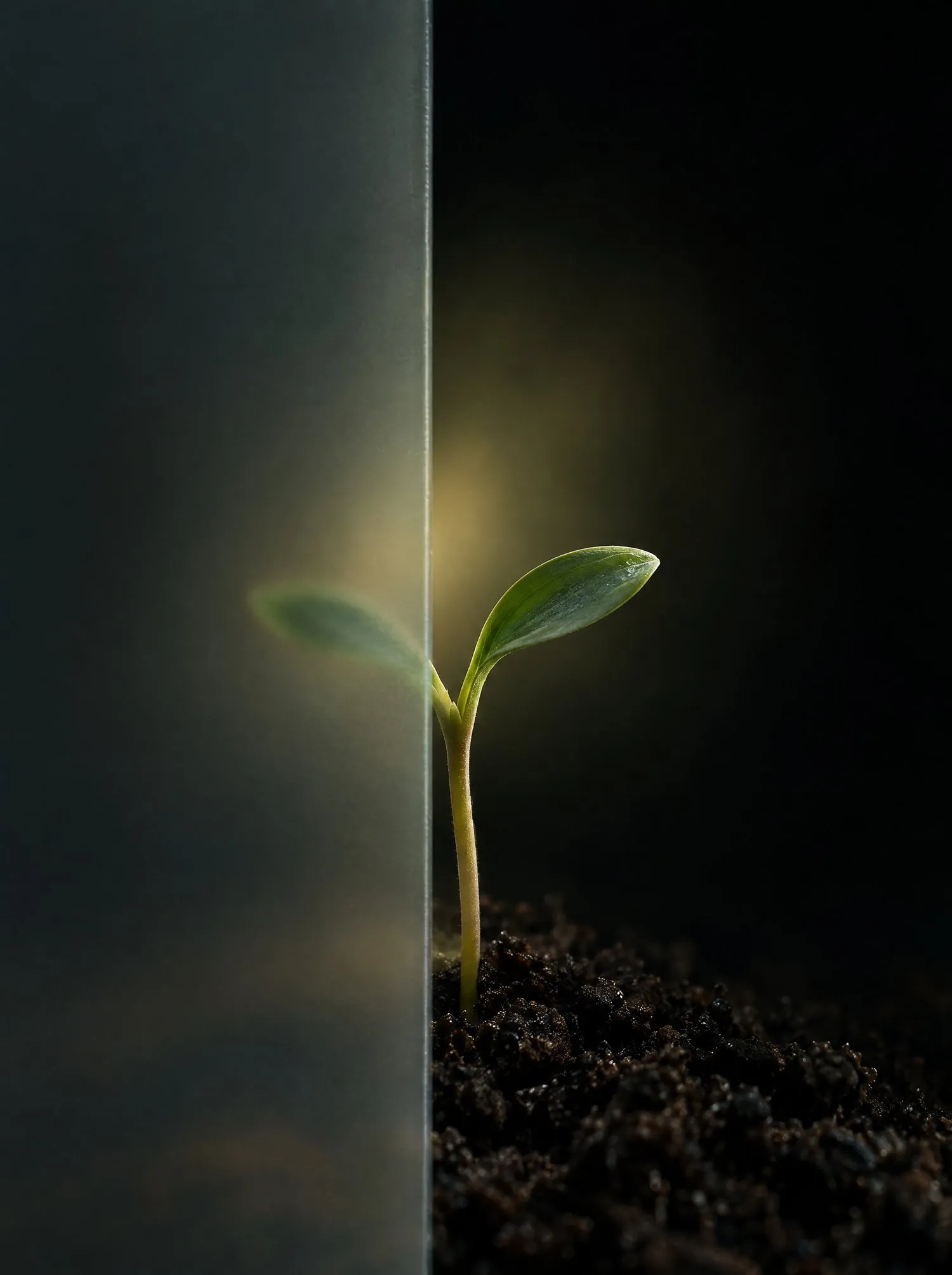 A seedling rising from dark soil, half behind frosted glass.