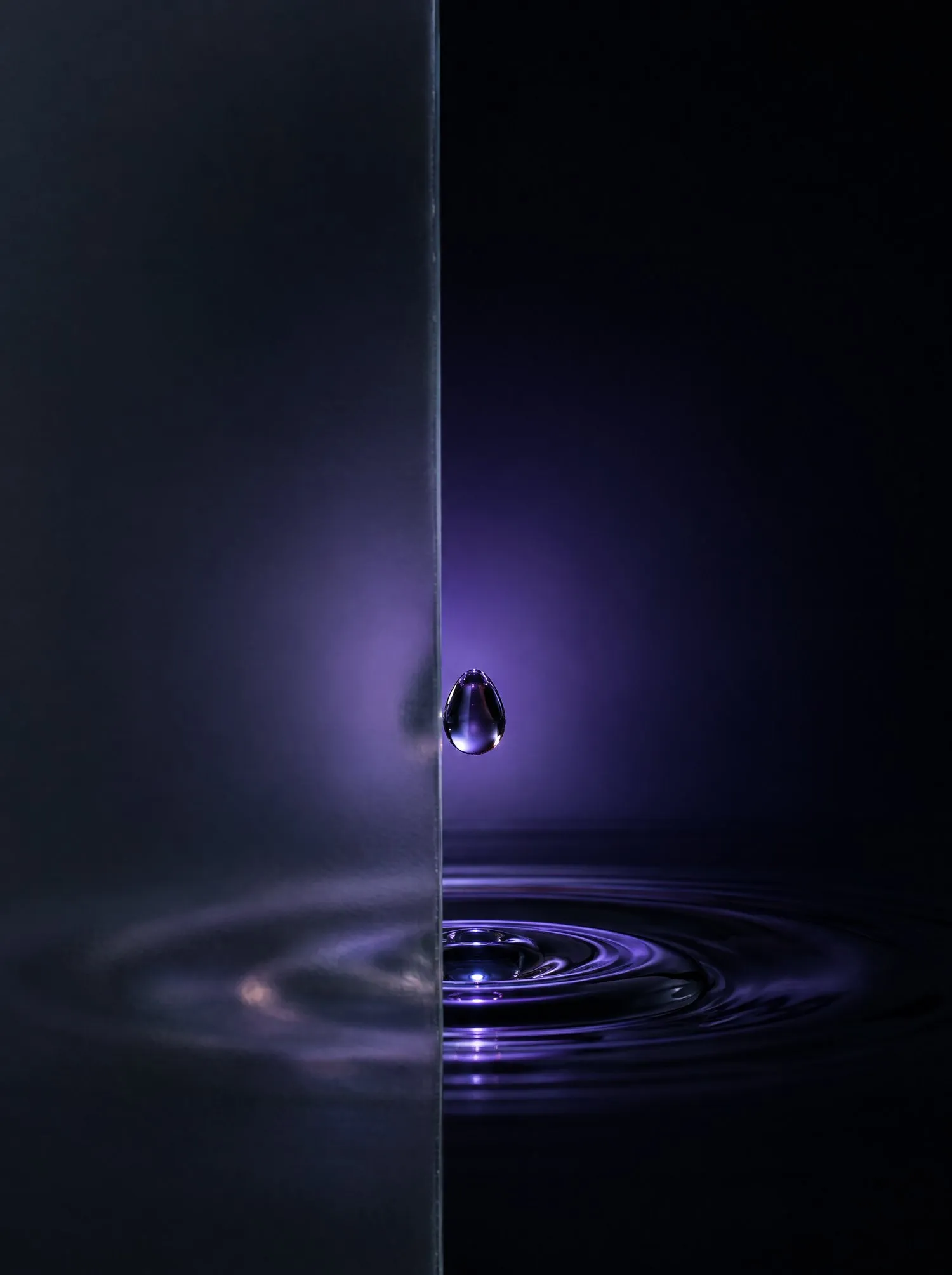 A drop of water above its first ring, half behind clear glass.