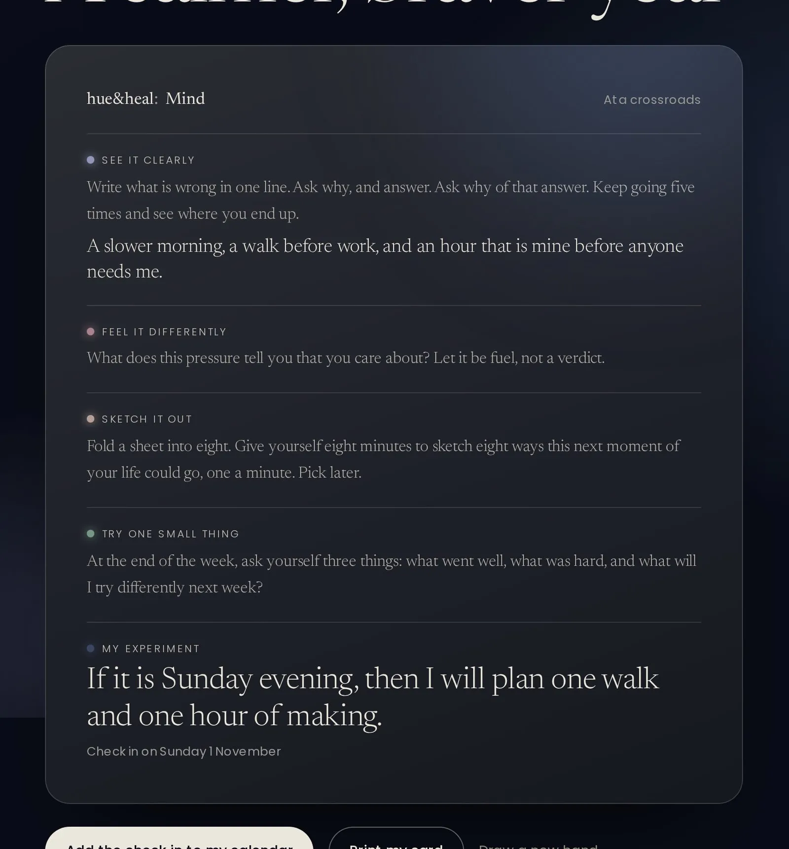 A finished chapter card with answers to each card and an if then plan for the week.
