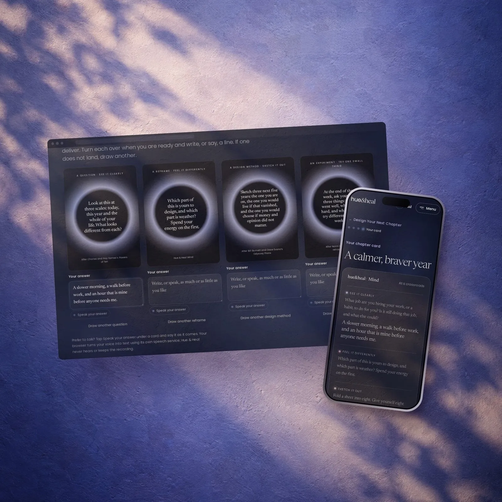 All four cards dealt on a desktop screen, with the chapter card on a phone.