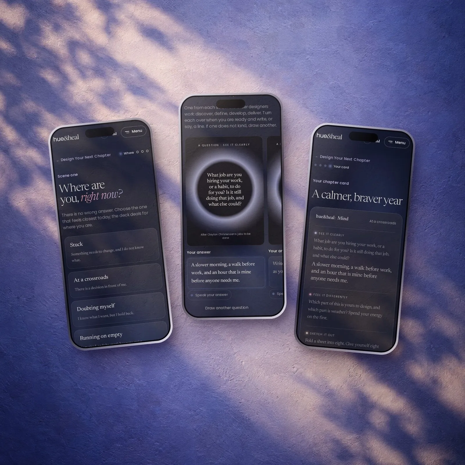 Three phones: choosing where you are, the cards dealt, and the finished chapter card.