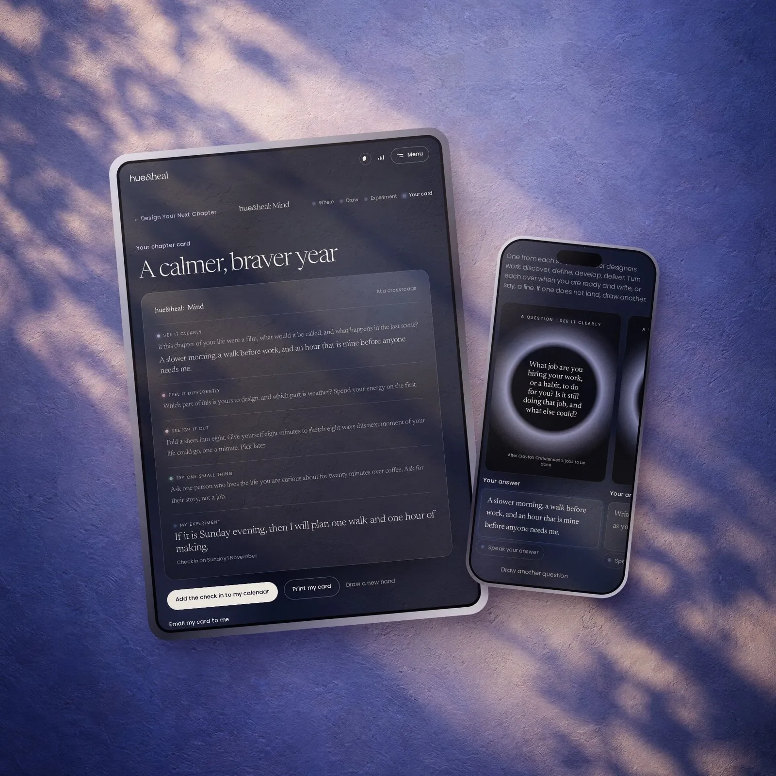 The finished chapter card on a tablet, with the cards on a phone beside it.