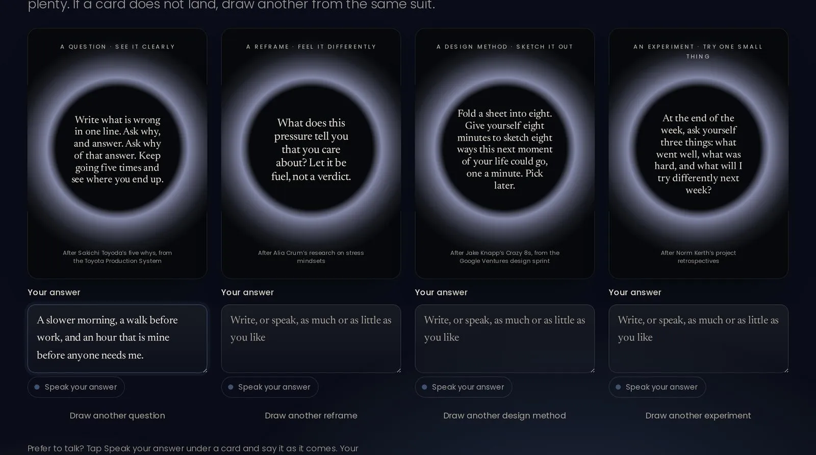 Four halo cards turned over online, a question, a reframe, a design method and an experiment, with room to write or speak an answer.
