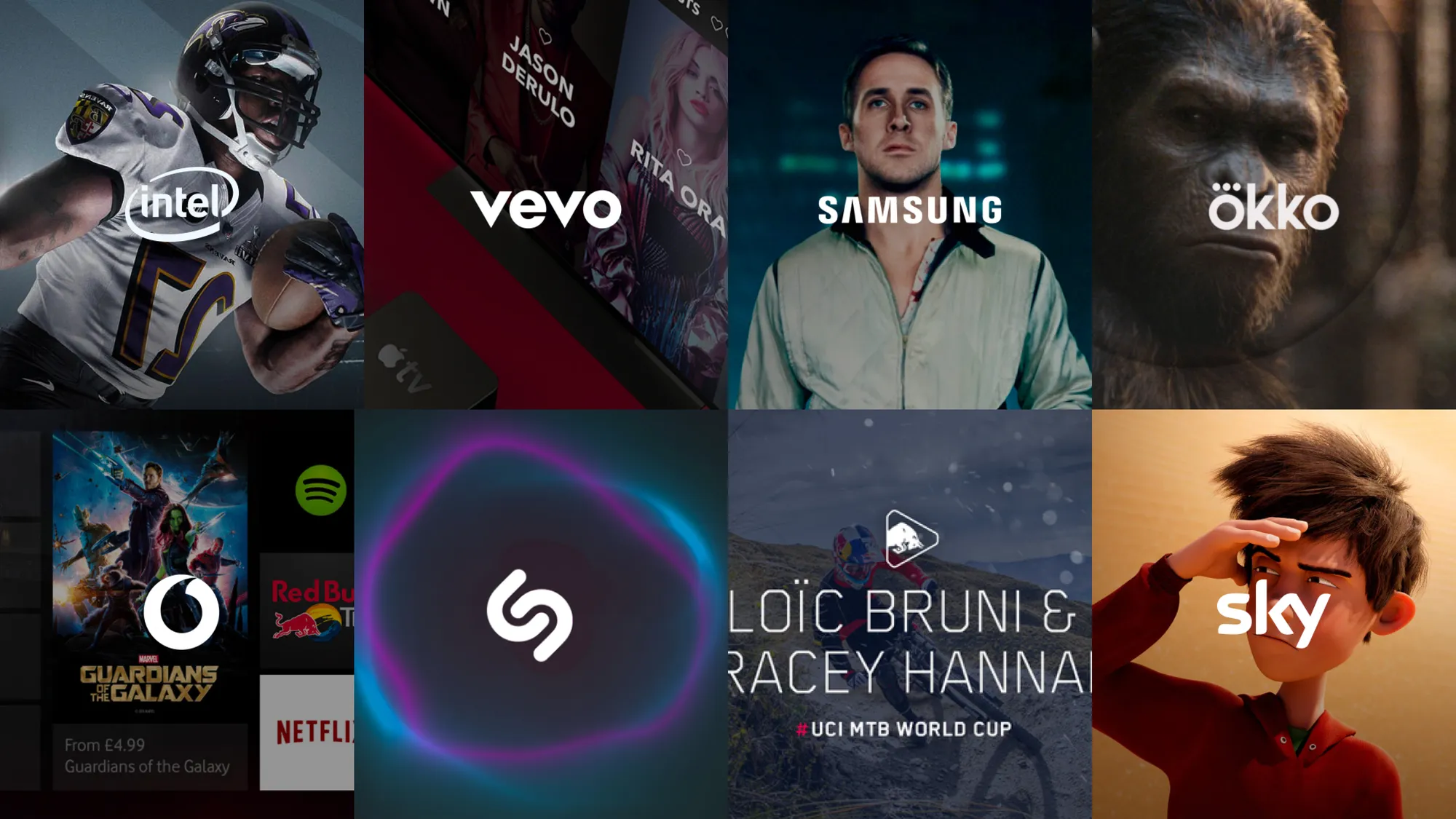 A mosaic of work across Sky, Vevo, Samsung, Shazam, Vodafone, Red Bull, Intel and more.